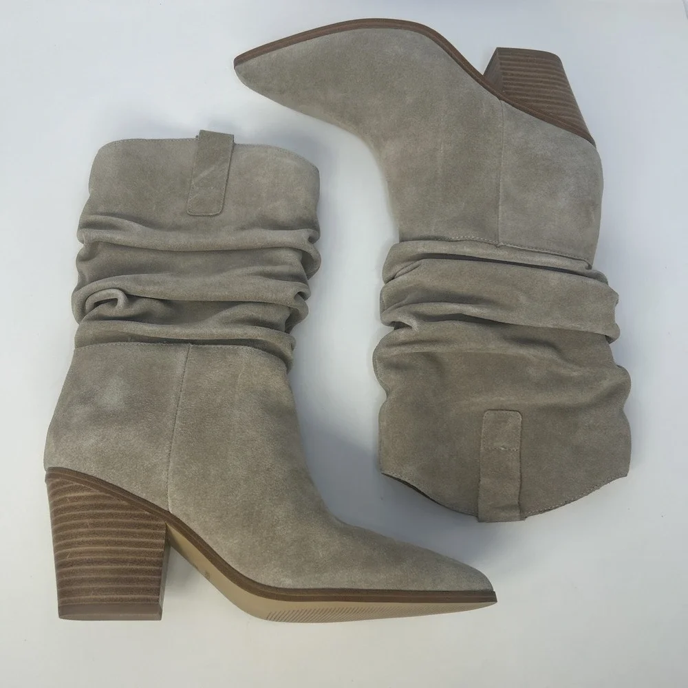 Nine West Kadon Slouch Boots Taupe Suede‎ Mid Calf Pointed Toe Block Heel 8M NIB